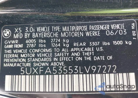 2003 BMW X5 3.0I z USA, uszkodzony, nr VIN 5UXFA53553LV97272